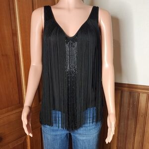 NWT Haute Hippie Silk Beaded Fringe Black Blouse M